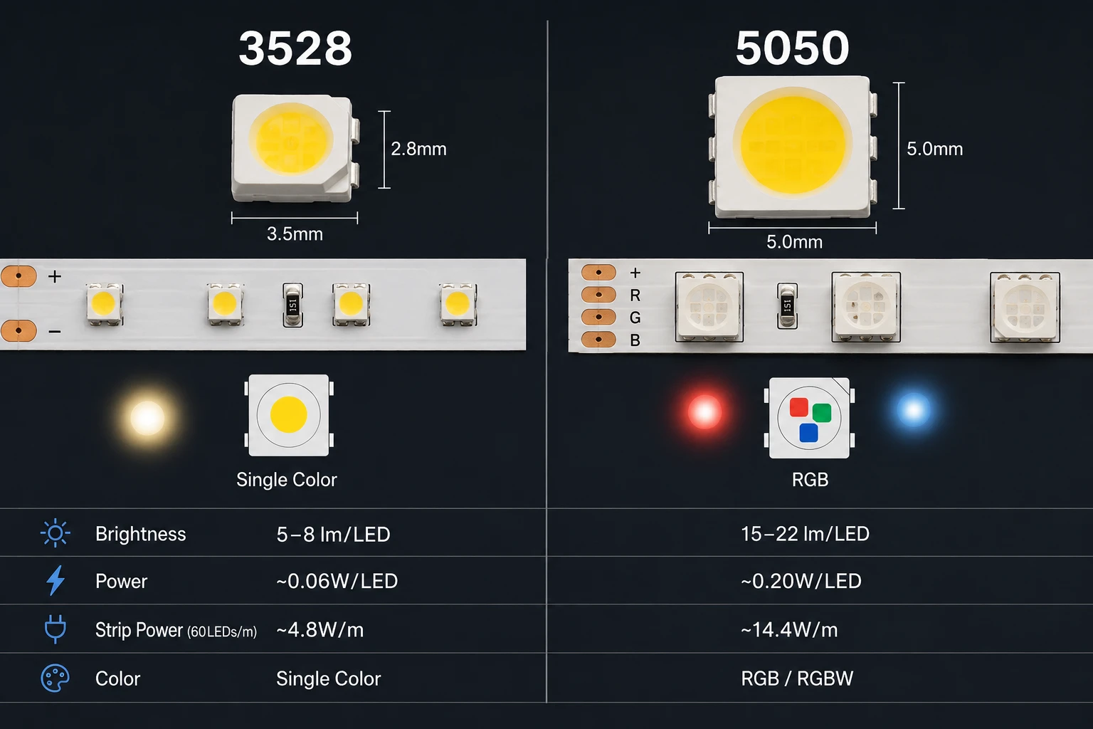 What Is the Difference Between 3528 and 5050 LED